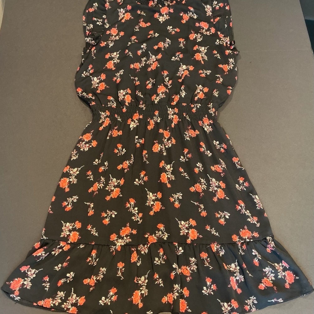 Saks Fifth Avenue Floral Print Midi Dress Women Size 10 Black Red Ruffle